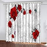 VOYADE Vorhänge Wohnzimmer Modern Blickdicht 2Er Set, 3D Schmetterling Rote Rose Muster Blickdicht Schlaufenschal Verdunkelungsvorhang, Lärmminderung Fensterdekoration 230X234cm(HXB)