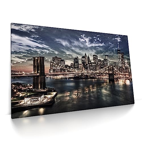 CanvasArts Brooklyn Bridge - New York Skyline - Leinwand Bild - Abenddämmerung, dramatischer Himmel, Nacht (100 x 60 cm, Leinwand auf Keilrahmen)