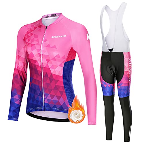 Fahrradtrikot Radsportanzug Damen Langarm Winter|Fahrradbekleidung Frauen Thermo Fleece,Radtrikot Jerseys und Radhose mit 19D Gel Sitzpolster,Bekleidung Cycling Atmungsaktiv Schnell Trocknen(11,3XL)