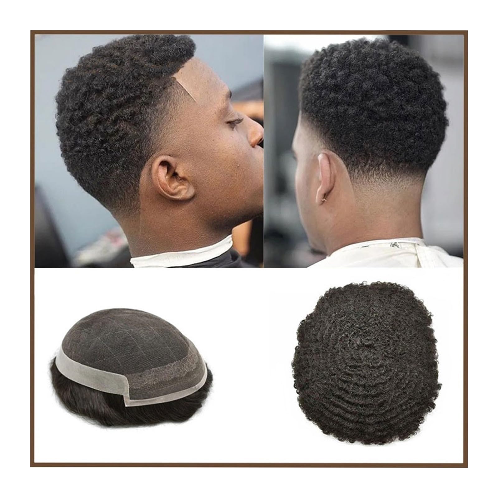 Perücke Männer Afrikanisches gewelltes Haarteil Afro-Männer-Toupet mit Spitze vorne und seitlich PU-Basis, lockiges Remy-Haar, Ersatz for männliches Kapillarsystem Toupet für Herren(10mm Wave,6x8)