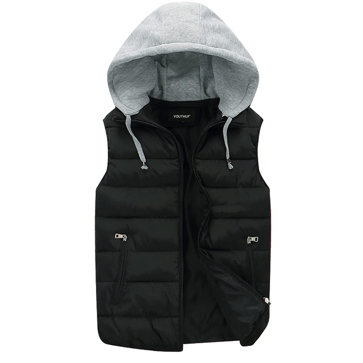 YOUTHUP Herren Steppweste mit Kapuze Leicht Winterweste Outdoor Dicke Freizeit Gilet Ärmellos Jacke Sport Weste, Schwarz, S