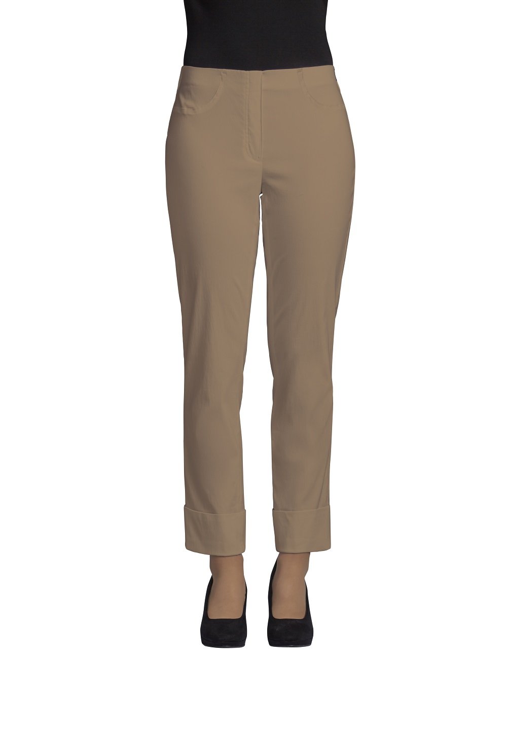 Robell Style BELLA09 – Bequeme, stretchige 7/8 Damenhose, Gerade geschnittenes Bein mit Aufschlag und Gesässtaschen Farbe Taupe Größe 50