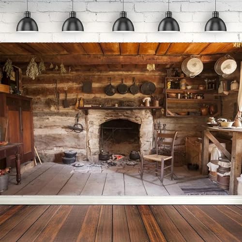 Fotografie Rustikale Küche Interieur Ländliches Bauernhaus Kamin Kochutensilien Hintergrund 210X150cm