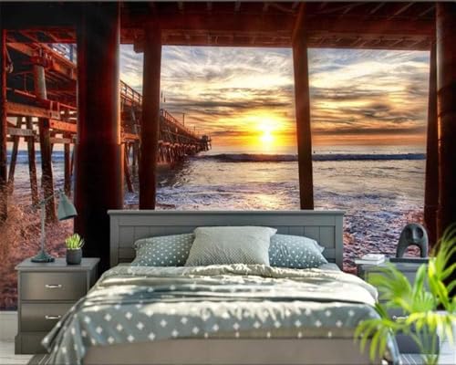 Sonnenuntergang Meer Brücke 3D Tapete Poster Restaurant Schlafzimmer Wohnzimmer Sofa TV Dekorative Wand-150cm×105cm