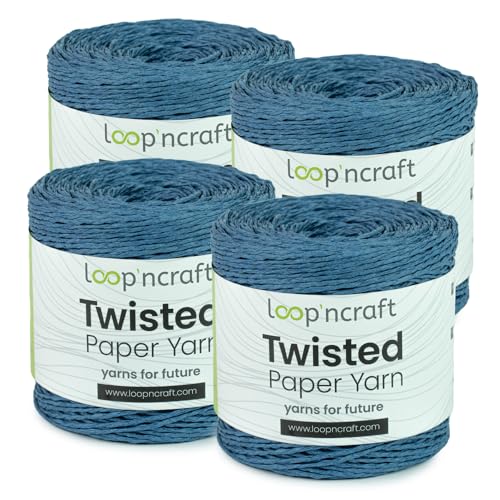 Papiergarn 4er-Set, Jeans Blau, Loopncraft, 1000m - 600g, Twisted Paper Yarn, Natürliches Papierkordel