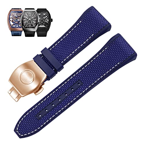 YIHANSS 28 mm Nylon-Uhrenarmband aus echtem Leder und Silikon, schwarz/blau, mit Faltschließe, für Uhrenarmbänder der Franck Muller V45-Serie