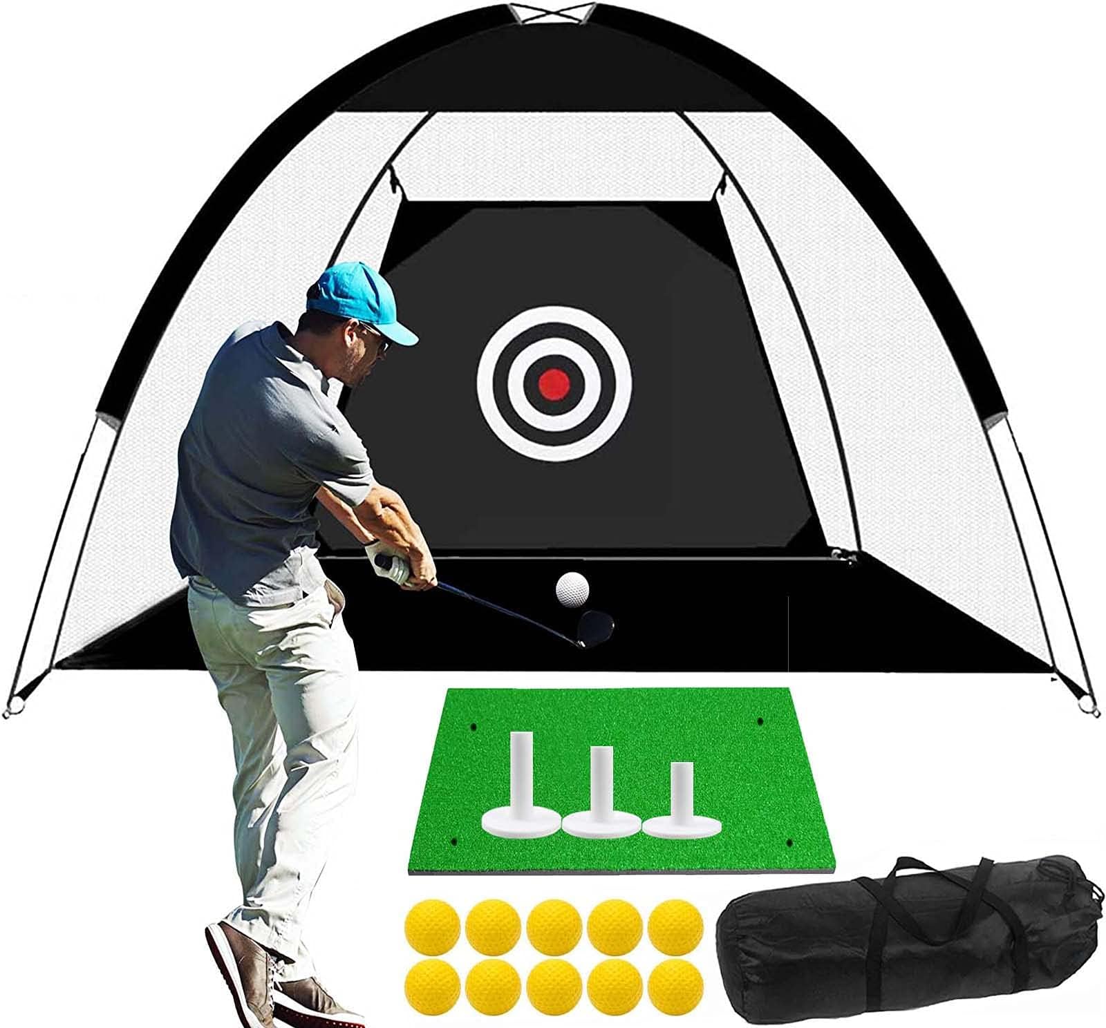 Golf Übungsnetz 3 m Chipping Netz Set Indoor Outdoor mit Golfmatte 10 Golf Übungsbälle 3 Tees Gummi, Training Golfnetz Driving Schlagnetz Faltbarer, Groß Hitting Practice Net