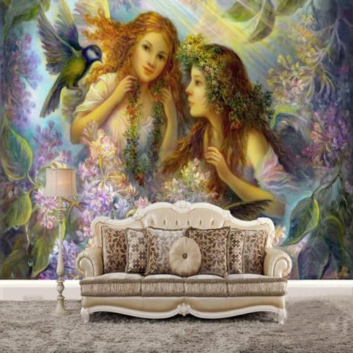 Fantasie Engel Bunte Blume Vogel 3D Tapete Poster Restaurant Schlafzimmer Wohnzimmer Sofa TV Dekorative Wand-200cm×140cm