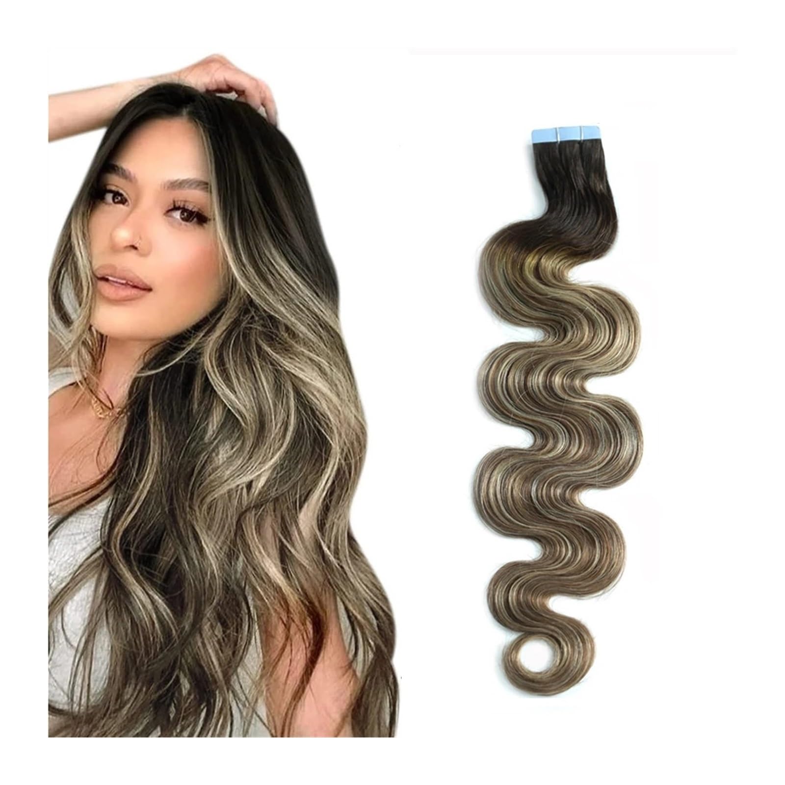 Haar-Tape-Extensions Lange gewellte Tape-in-Haarverlängerung, Echthaar, Balayage, dunkelbraun bis kastanienbraun und platinblond, natürlich gewellte Haarverlängerungen Unsichtbares Tape im Haar(20Pcs(