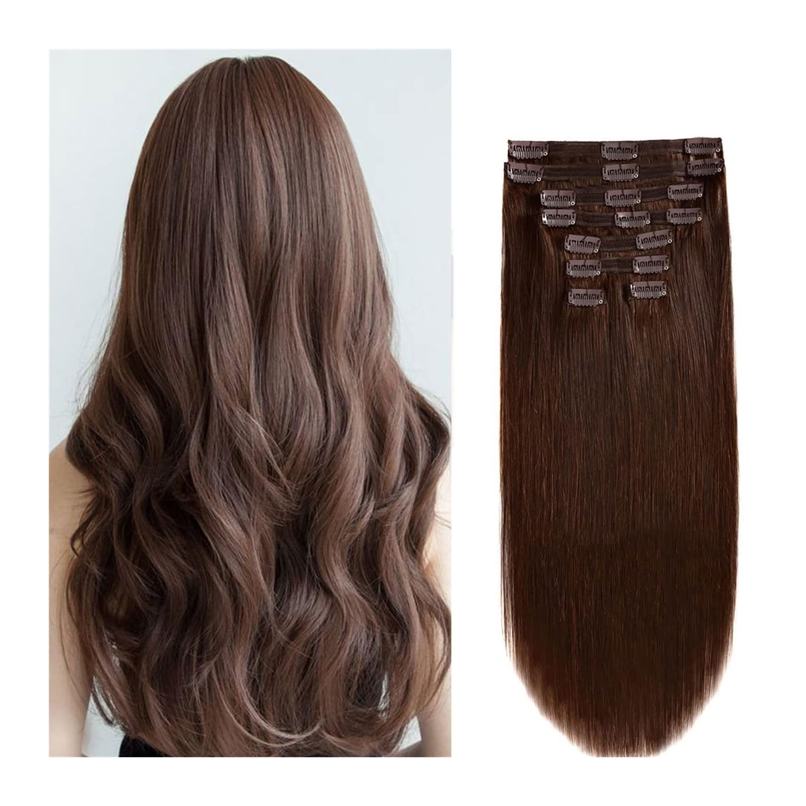 Clip-in-Haarverlängerungen Dunkelbraune Clip-in-Haarverlängerungen aus echtem Echthaar, 100% Remy-Echthaar, Clip-in-Extensions, gerade, doppelter Schuss, for den ganzen Kopf, Nr. 2 Braun Clip-in-Haar