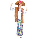 Widmann - Kinderkostüm Woodstock Hippie-Girl, Bluse mit Weste, Hose, Hut mit Haaren, Blumenkind, Karneval, Mottoparty