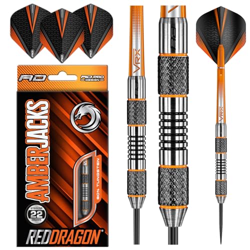 RED DRAGON Amberjack 5 - Steel Tip 22 Gramm Wolfram Profi Dartpfeile Set mit Flights und Schäfte