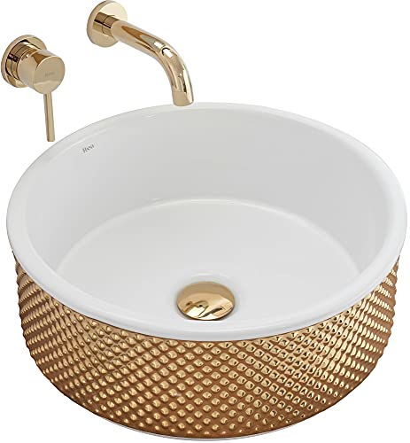 REA Waschbecken Waschtisch Aufsatzwaschbecken Keramik Handwaschbecken Aufsatz Waschschale Oval 42X42 Weiß Gold Badezimmer Armatur Wasserhahn Bad Armaturen Nano-Beschichtung