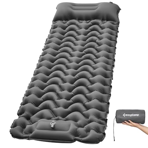 KingCamp Camping Isomatte Ultraleichte luftmatratze mit integrierten kopfkissen Outdoor campingmatte schlafmatte kleines packmass mit Fußpumpe, Dunkelgrau