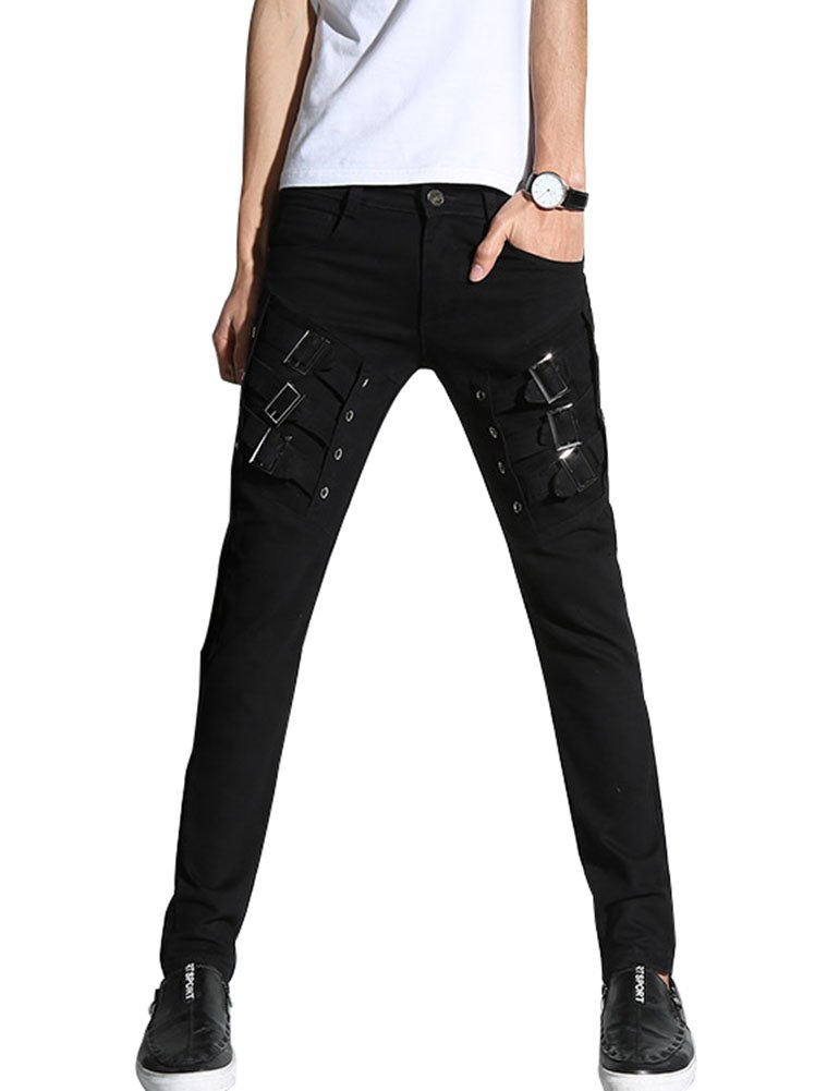 Idopy Herren Punk Gothic Nachtclub Party Schnallen Motorradhose Biker Jeans, schwarz, 50