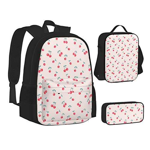 WURTON Büchertasche mit Weltkarten-Aufdruck, Lunch-Tasche, Federmäppchen, 3-in-1, Schulrucksack-Set, Kinderrucksack, Süße rote Kirsche., Einheitsgröße