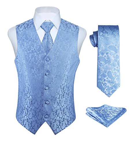 Enlision Anzugweste hellblau Herren Hochzeit Paisley Westen & Krawatte Einstecktuch Party Floral Jacquard Anzug Weste Set 3XL