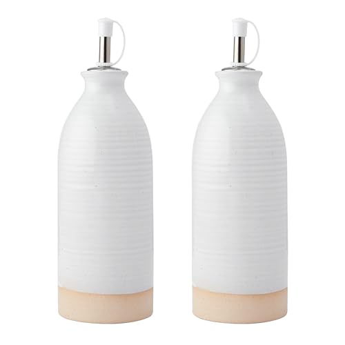 KitchenCraft Idilica Öl- und Essigflaschen aus Steingut, 2er-Set, Keramik-Öl- und Essigausgießer mit unglasiertem Boden, Creme, 450 ml