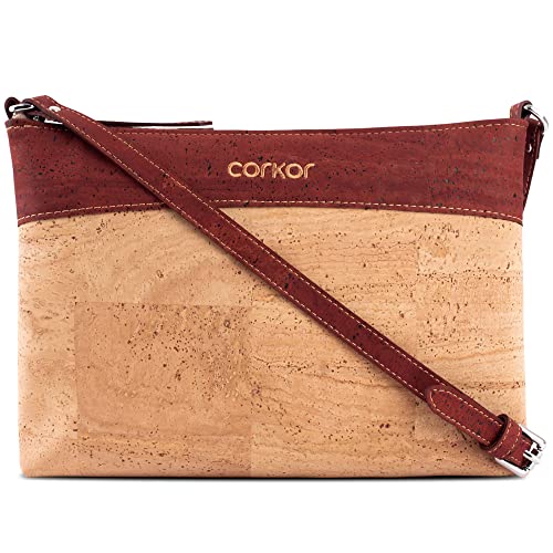 Corkor Vegane Umhängetasche Damen Geldbeutel Schultertaschen Handtasche Schulter Natur-Leder Natur Korkleder Rot