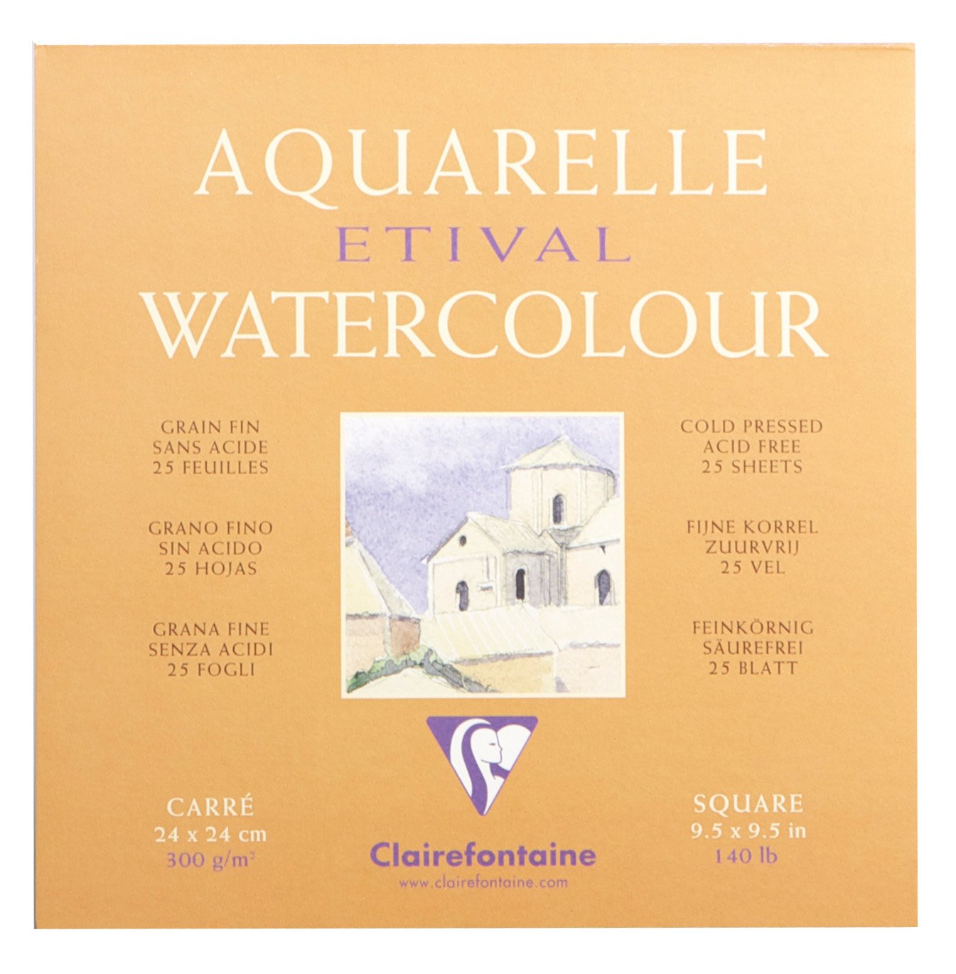 Clairefontaine 96476C Malblock, 4-seitig verleimt Aquarellpapier Feinkörnig, Etival/Zellulose, 24 x 24 cm, 25 Blatt, 300 g Packung, weiß