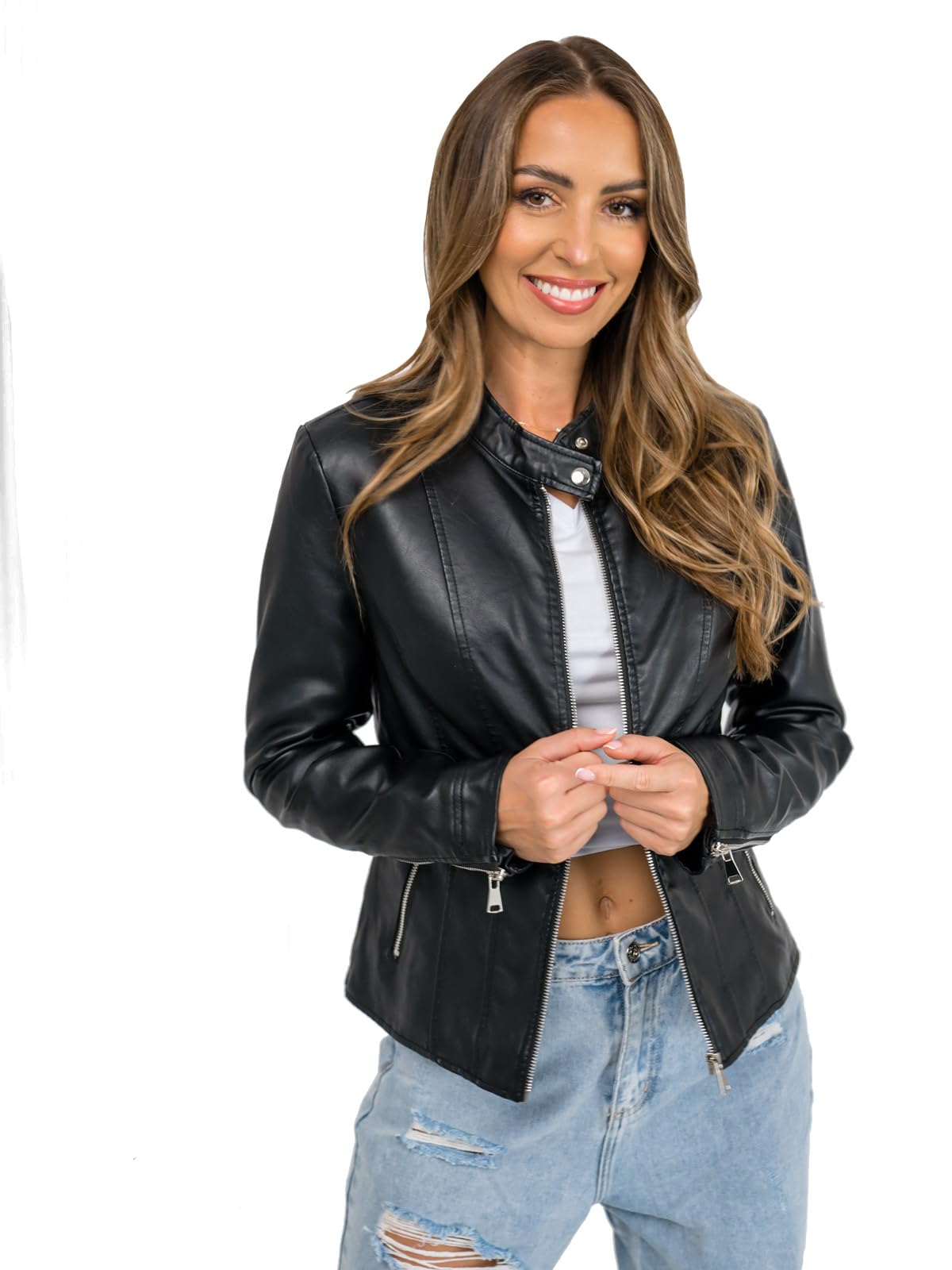 BOLF Damen Kunstlederjacke Bikerjacke Übergangsjacke Lederimitation Stehkragen Kunstleder Reißverschluss Motorradjacke Outdoor Casual 11Z8058 Schwarz S [D4D]