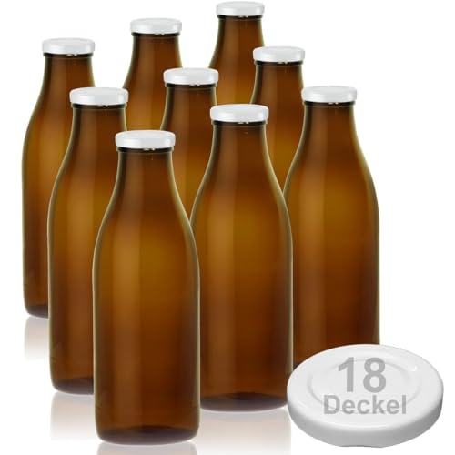 Geniess-Bar! 9 Braune Milchflaschen 1 Liter Glasflaschen Milch Flaschen 18 Twist off Schraubverschluss Deckel leer zum Befüllen erhältlich mit 2/4/6/9/12/15 Weithalsflaschen hitzebeständig