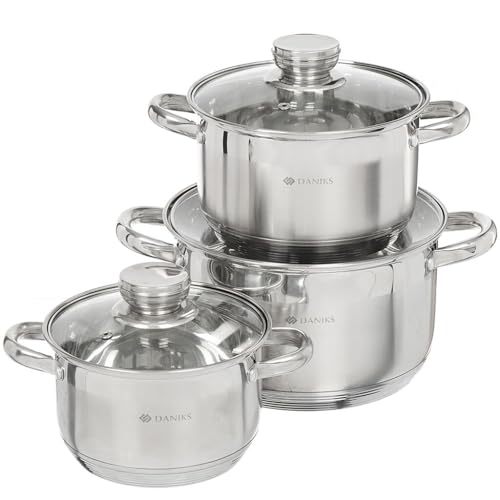 Daniks Standard Edelstahl Topfset Induktion | Kochtopf Set mit Glasdeckel | 1.9L Ø 16 cm + 2.9L Ø 18 cm + 4.75L Ø 20 cm | Nudeltopf Suppentopf Pastatopf | Silber