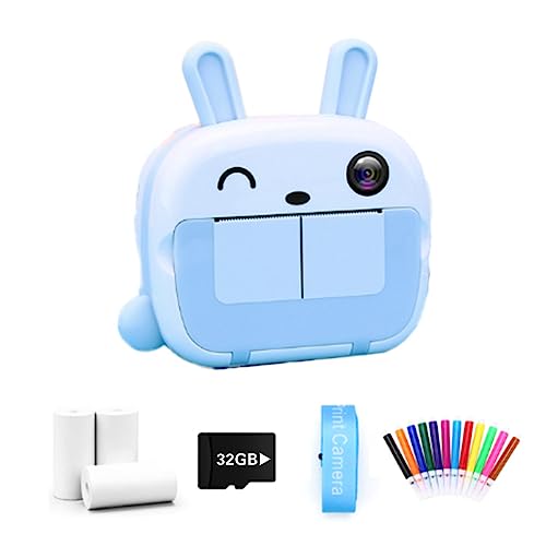 Pluuttiem Mini Cartoon Student Digitale Spiegelreflexkamera für Kinder Thermopapierdrucker Drahtloser WiFi-Telefondrucker 4K 1080P HD-Video (Blau)