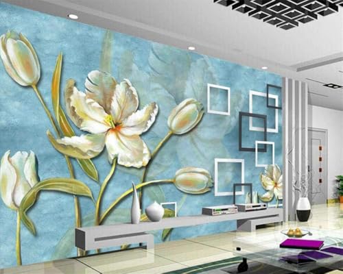 Tulpenblume Geometrisch Schwarz Und Weiß Quadratisch 3D Tapete Poster Restaurant Schlafzimmer Wohnzimmer Sofa TV Dekorative Wand-400cm×280cm