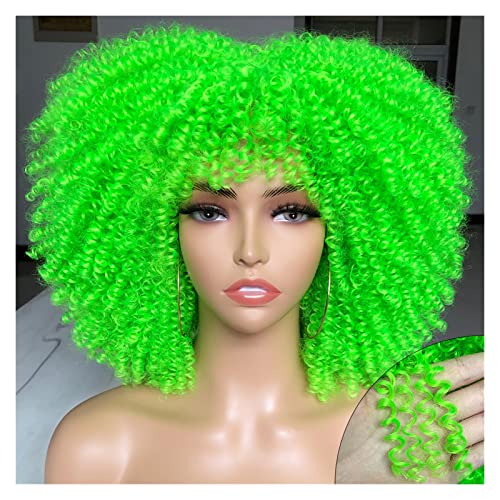 Perücken Kurze Afro Kinky Curly Perücke mit Pony for schwarze Frauen Cosplay Lolita Hair Ombre Mixed Brown Synthetic African Perücken Damenperücke(Color:GREEN)