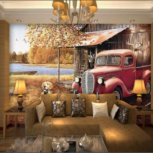 Lake House Vintage Rotes Auto Hund 3D Tapete Poster Restaurant Schlafzimmer Wohnzimmer Sofa TV Dekorative Wand-150cm×105cm