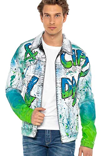 Cipo & Baxx Herren Jeansjacke Ausgefallen Farbig Schrift Neonfarbe Übergangsjacke Freizeit Jacke Grün-Blau M