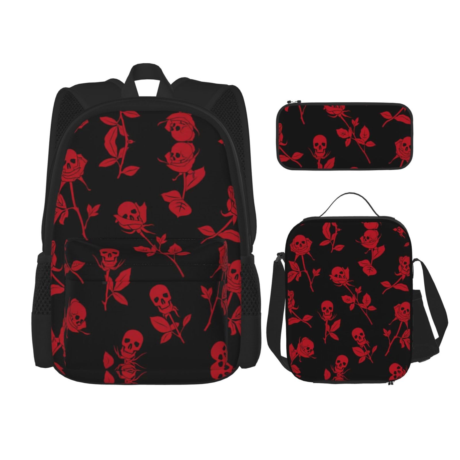 WURTON Lunchbox mit Totenkopf-Rosen-Druck, Federmäppchen, Rucksack-Set, 3-teilig, verstellbare Riemen, langlebig, leicht, Schwarz, One Size