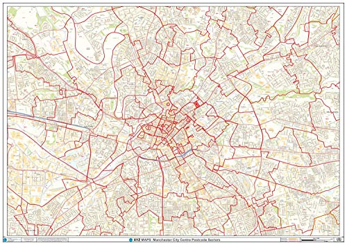 Manchester City Center Postleitzahlen-Wandkarte, kunststoffbeschichtet