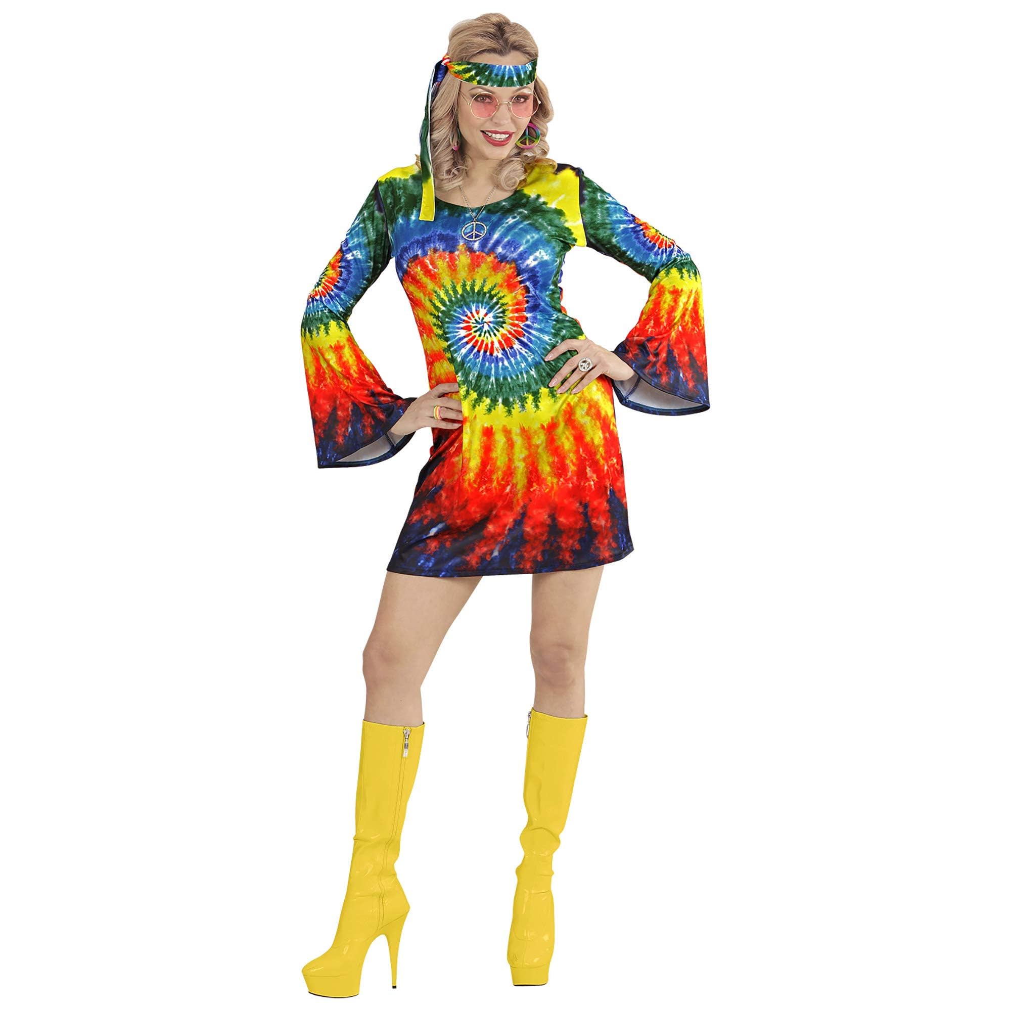 Widmann - Kostüm psychedelic Hippie Girl, Kleid, Stirnband, Flower Power, Reggae, Mottoparty, Karneval