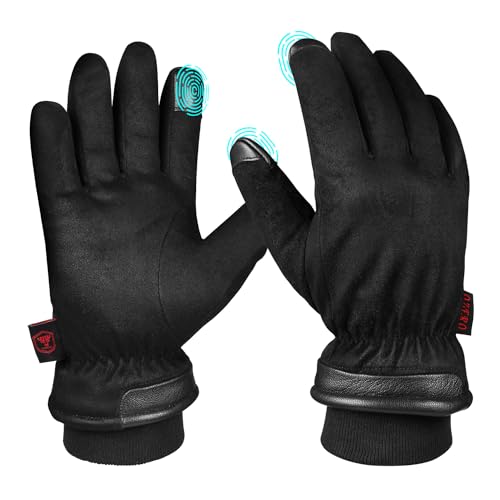 OZERO Herren Handschuhe,Thermo Winterhandschuhe mit Anti-Rutsch Leder Palme,Touchscreen-Fingerspitzen und Wasserdicht Einfügen für Lauf,Radfahren,Arbeit und Ski