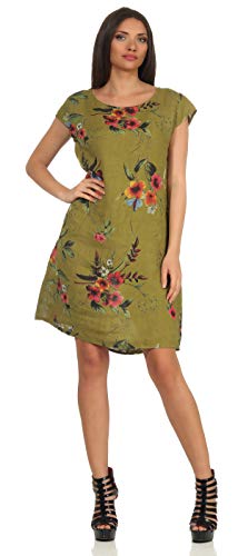 Mississhop 330 Damen Boho Kleid 100% Leinenkleid Strandkleid schickes Elegantes Sommerkleid Blumen Muster Oliv