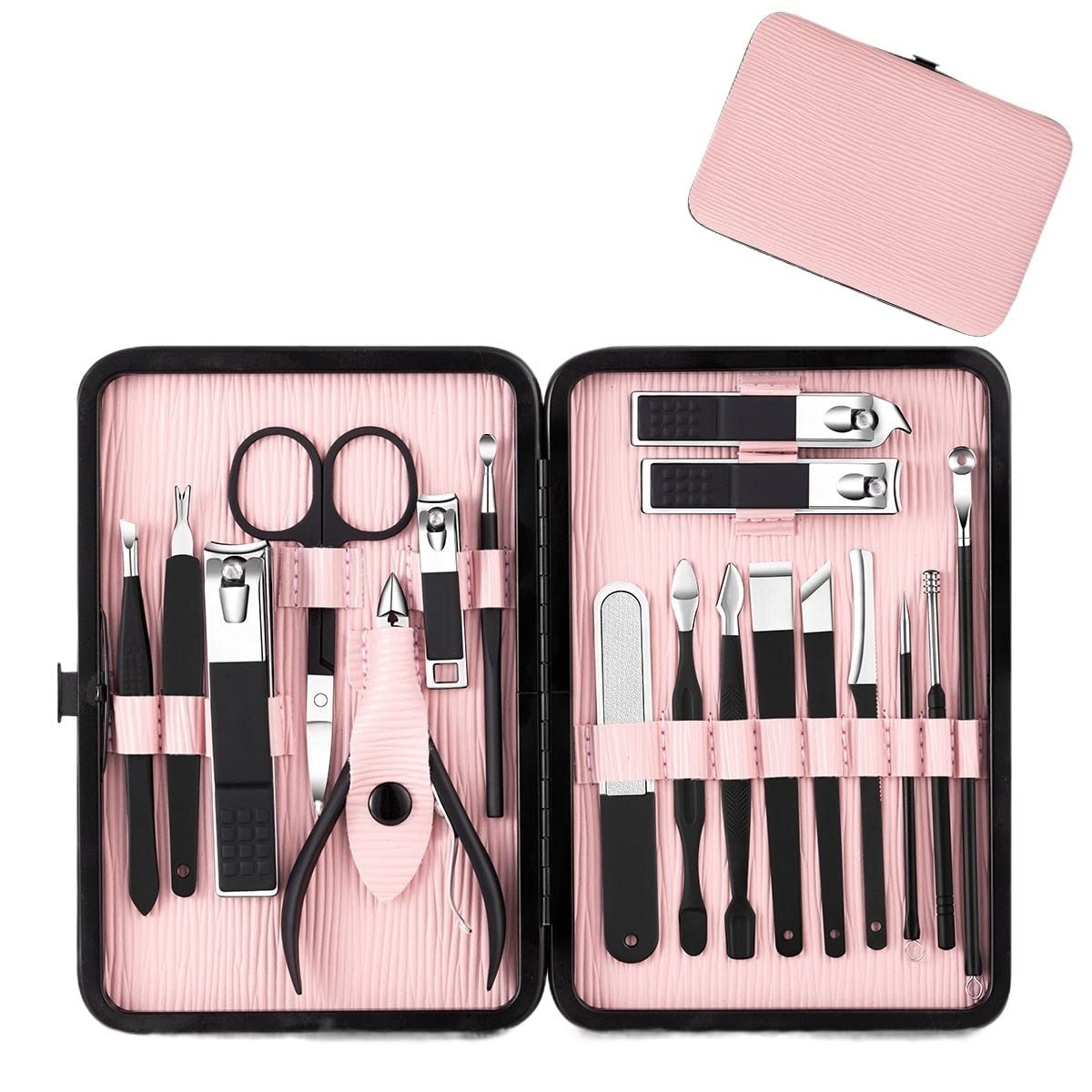 SCRUBY Nagelknipser-Set, 7/18-teilig, Schwarz, Edelstahl, Nagelschneider, scharfe Pediküre-Schere, Maniküre-Werkzeug-Set (18-teiliges Rosa)