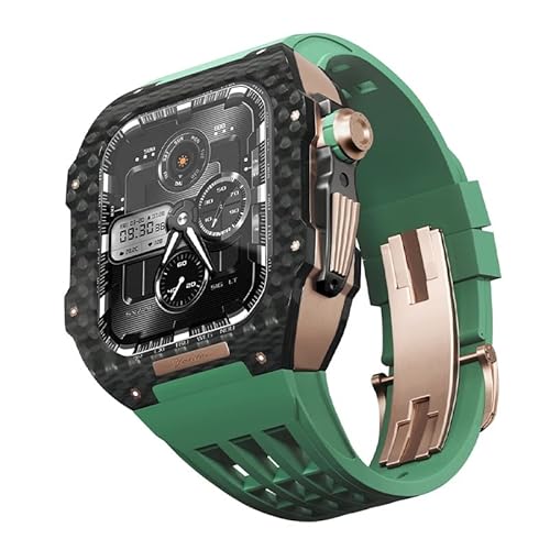 KANUZ Kohlefaser-Gehäuse und Fluorkautschuk-Band-Umbausatz, für Apple Watch Serie 8, 7, 45 mm, Kohlefaser-Hülle + Fluorkautschuk-Armband für iWatch 6, 5, 4, SE, 44 mm (Farbe: 03, Größe: 44 mm)