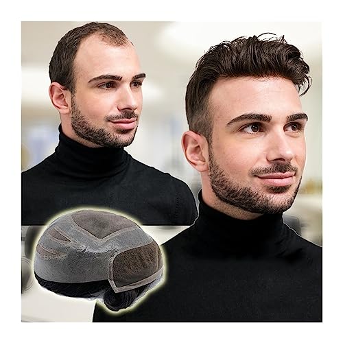 Toupet für Männer Haarersatz Systeme Herren-Toupet, Mono-Spitzenoberteil mit PU, ca. 25,4 x 20,3 cm, Haarteil for Männer, 15,2 cm, natürliche schwarze Farbe, Echthaar, Herren-Kapillarprothese Perücke