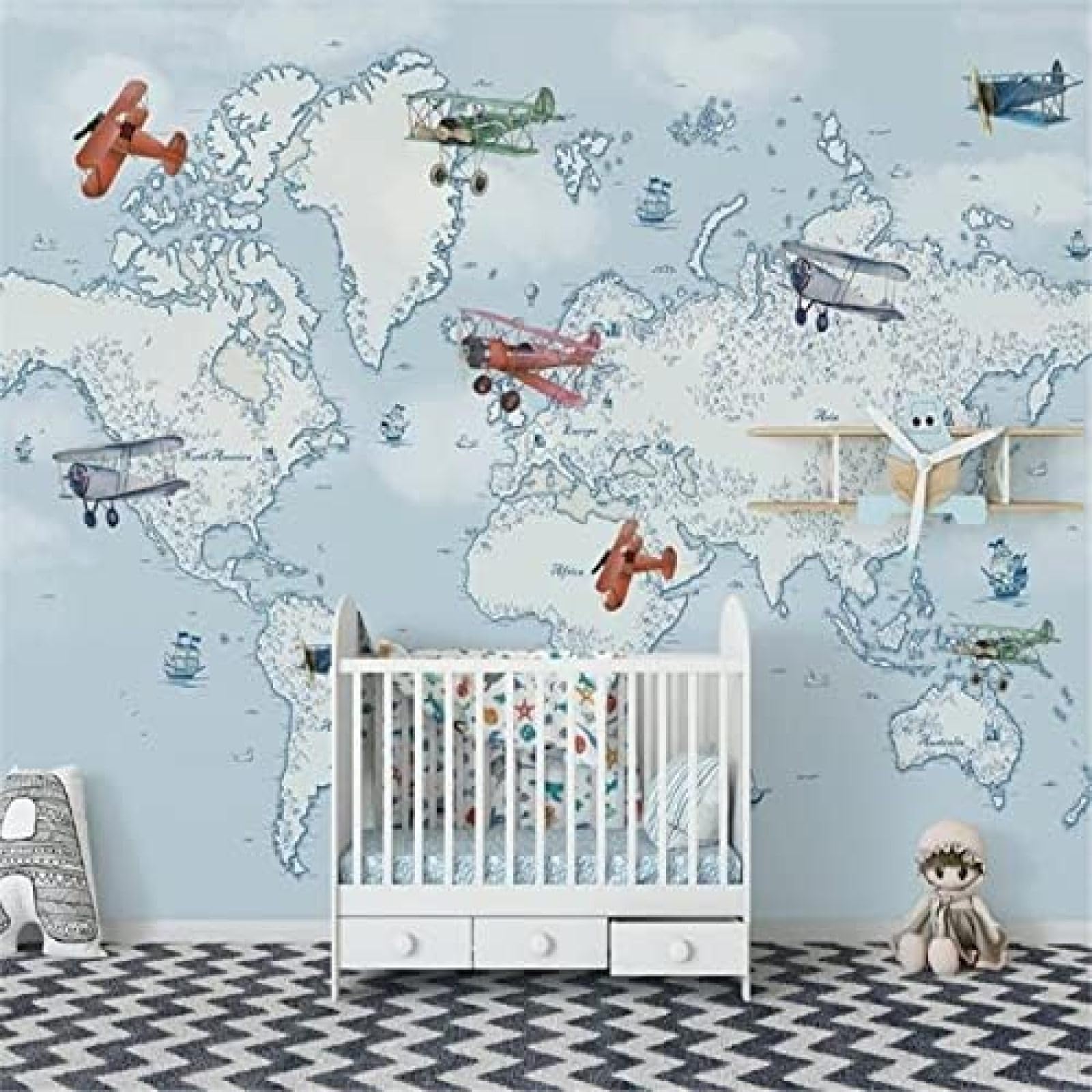 XLMING Handgemalte Kinder Cartoon Flugzeuge Ozean 3D Tapete Wohnzimmer Sofa Schlafzimmer Esszimmer Home Dekoration Wand-300cm×210cm