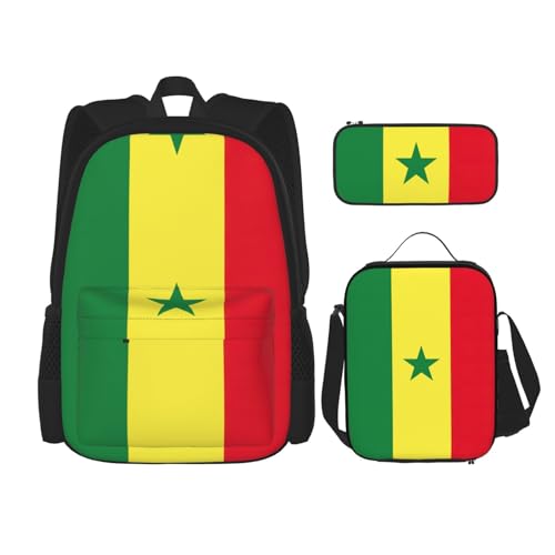 WURTON Schulterrucksack, Motiv: Flagge des Senegals, 3-in-1, Büchertaschen-Set, Lunchbox, Federmäppchen, Reise-Laptop-Tagesrucksäcke