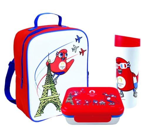 Fun House Paris 2024 Olympische Spiele, Picknick-Set, 1 Rucksack ISO 5 l, 1 ISO-Trinkflasche 350 ml und 1 ISO-Lebensmittelbox, wiederverwendbar