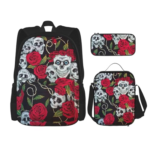 WURTON Rose Skull Eyes Print Trendy Rucksack Taschen Lunchbox und Federmäppchen 3 in 1 Verstellbarer Rucksack Set, Schwarz, Einheitsgröße, Schwarz , Einheitsgröße