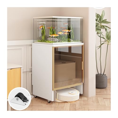 FUHAI-666 Home Kehrroboter Aufbewahrungsschrank Regal Abnehmbarer Fischtankschrank mit Rädern Kehrroboter Regal Sideboard(White Cabinet+Gold Frame)