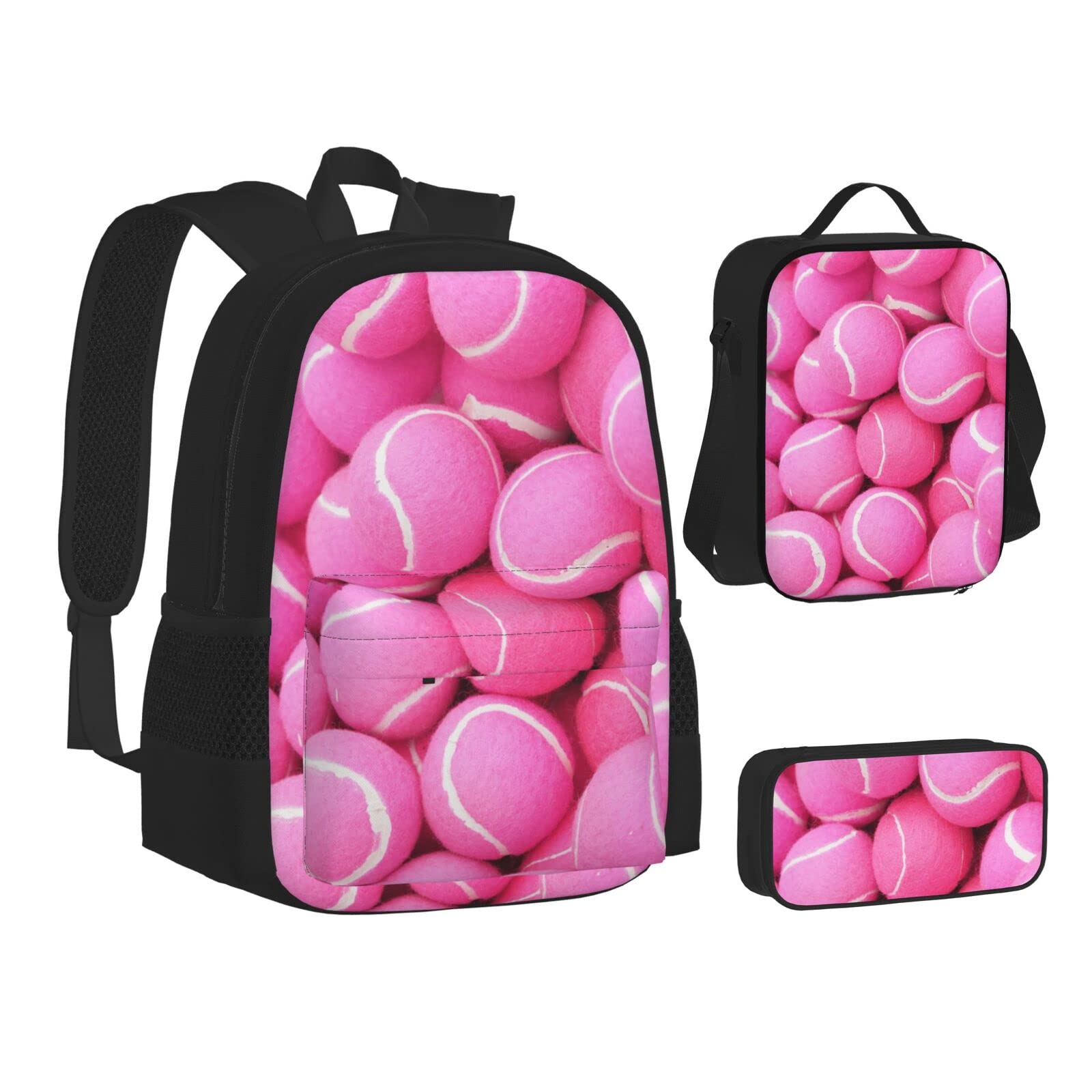 WURTON Rucksack, Lunchbox-Set, 3-in-1-Büchertasche und Federmäppchen, mit Tennisbällen in leuchtendem Rosa, Schwarz, Einheitsgröße