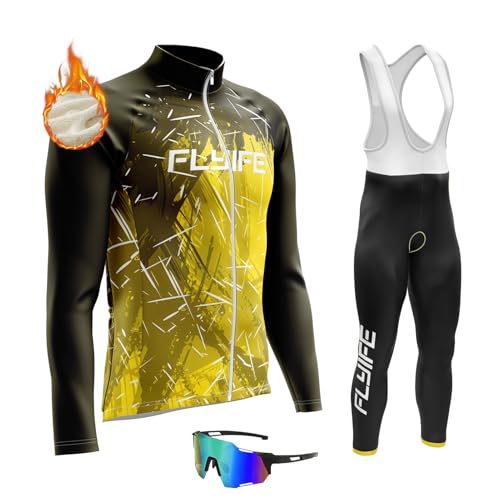 Herren Langarm Radtrikot Set Winter Radsportanzüge,reflektierend, für BMX, MTB, mit 8D Gel Gepolsterten Trägerhosen (TYP-9,2XL)