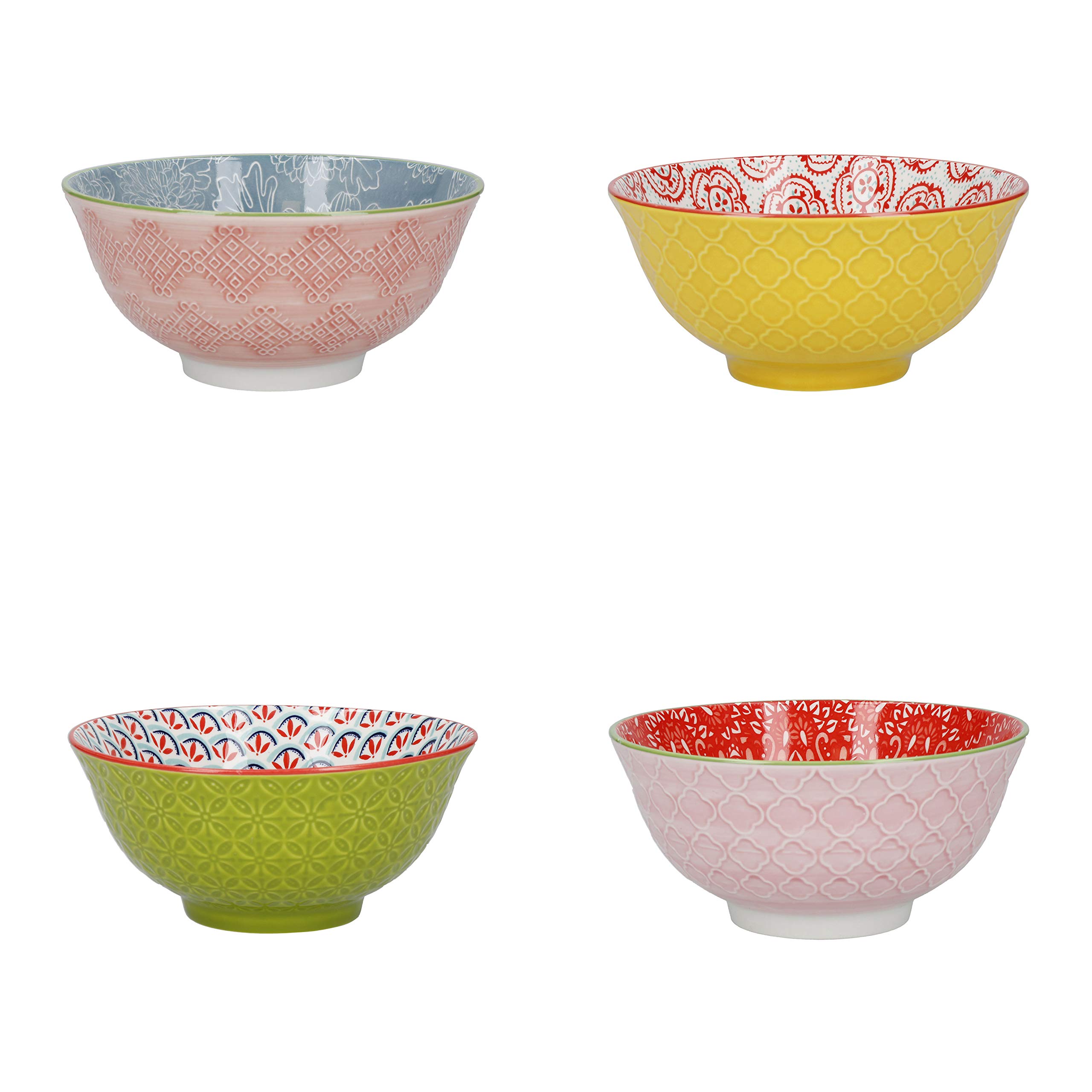 KitchenCraft Gemusterte Müslischale 4er Set in Geschenkbox, Keramikschalen ideal für Eis, Suppe und mehr, 'Brights' Designs, 15cm, Sortiert