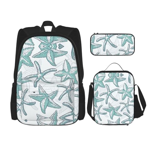 WURTON Schulrucksack-Set mit Seestern-Aufdruck, 3-in-1 Büchertasche-Set mit Lunchbox, Federmäppchen, Reise, Laptop, Tagesrucksack