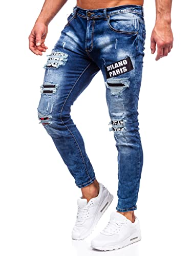 BOLF Herren Jeanshose Jeans Used Look Jeanspants Destroyed Denim Style Slim Fit Narrow Leg Freizeit Casual Style E7790B Dunkelblau S [6F6]